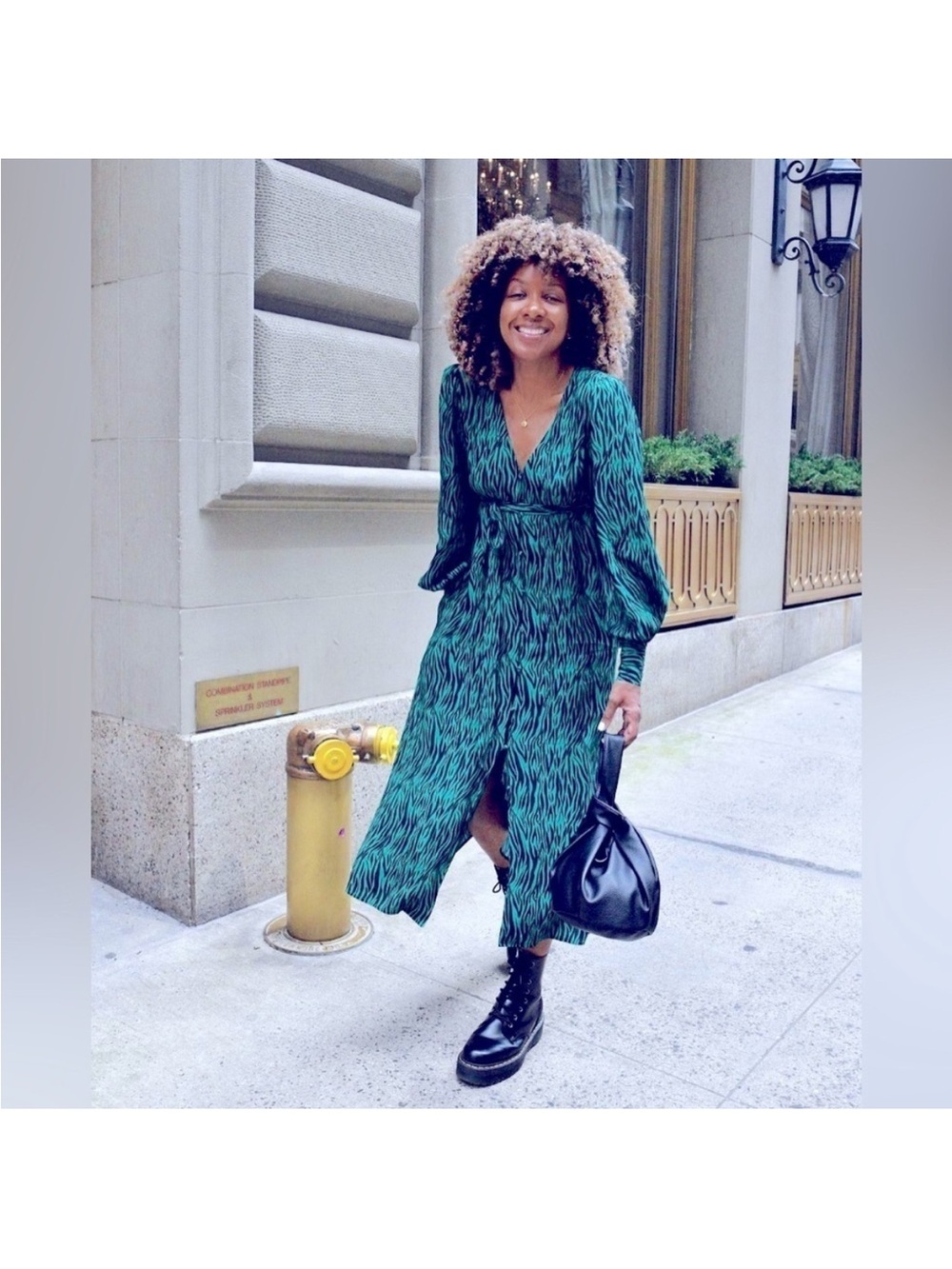 Green & Black Zebra Long Sleeve Midi Dress